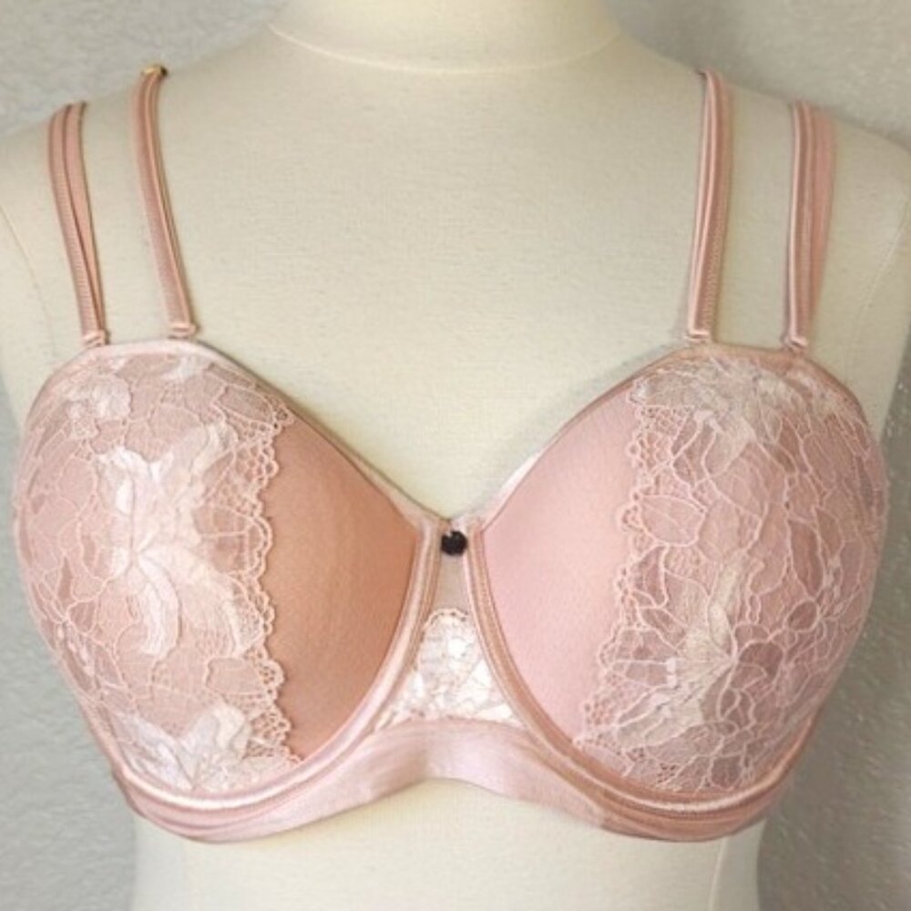 🌷Cacique 42D Strapless Bra Underwired Removable Straps Padded Pink Lace